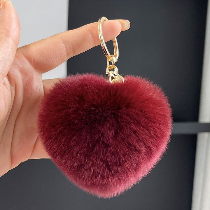 Real Rabbit Fur Heart Keychain Fluffy Plush Fur Pom Pom Bag Charm