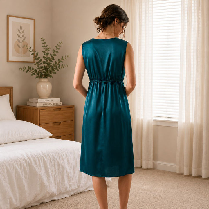 22 Momme Tie Waist Deep V-Neck Women Comfortable Summer Sleeveless Silk Nightgown