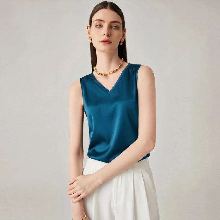 22 Momme V-Neck Sleeveless Silk Tank Top for Women