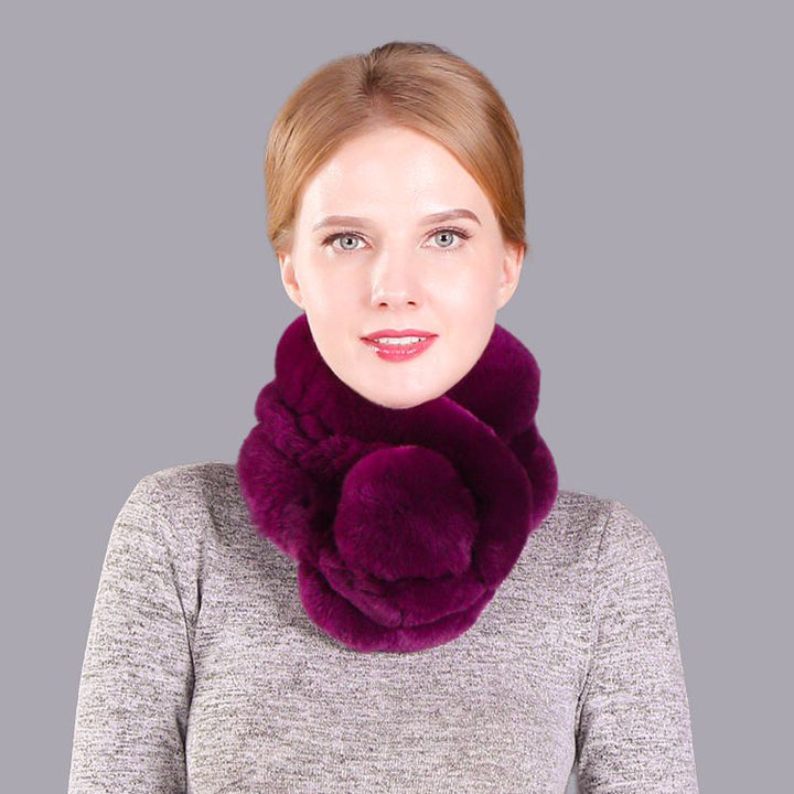 Luxury Real Rabbit Fur Collar Scarf with Pom-Pom Soft Winter Neck Warmer