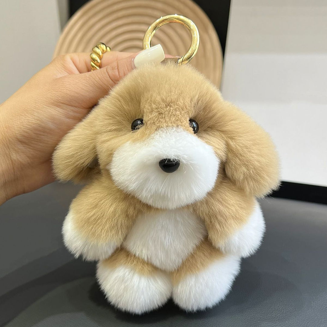 Real Rabbit Fur Puppy Keychain Handmade Fluffy Dog Bag Charm Luxury Fur Key Ring