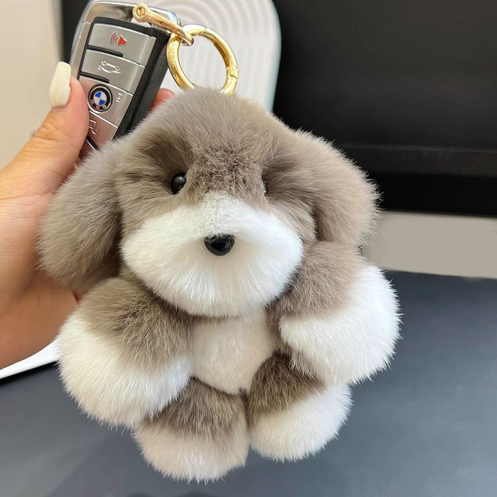 Real Rabbit Fur Puppy Keychain Handmade Fluffy Dog Bag Charm Luxury Fur Key Ring