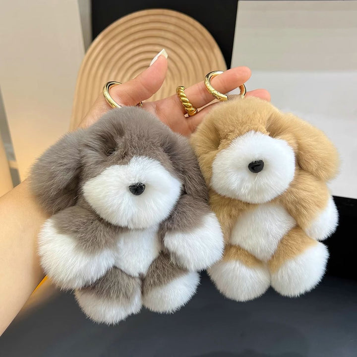 Real Rabbit Fur Puppy Keychain Handmade Fluffy Dog Bag Charm Luxury Fur Key Ring