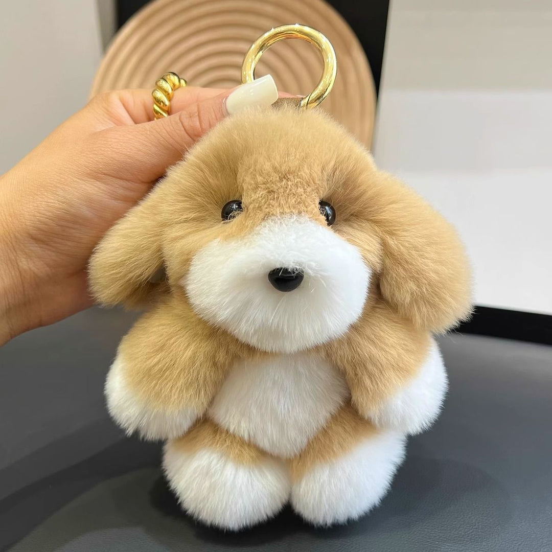 Real Rabbit Fur Puppy Keychain Handmade Fluffy Dog Bag Charm Luxury Fur Key Ring