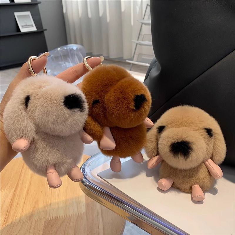 Cute Plush Puppy Fur Keychain Soft Real Rabbit Fur Dog Bag Charm