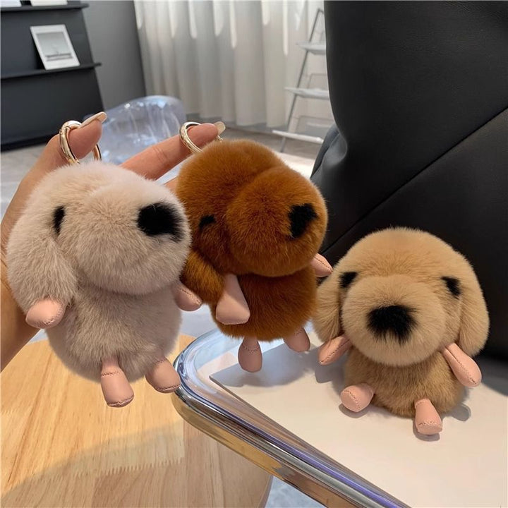 Cute Plush Puppy Fur Keychain Soft Real Rabbit Fur Dog Bag Charm