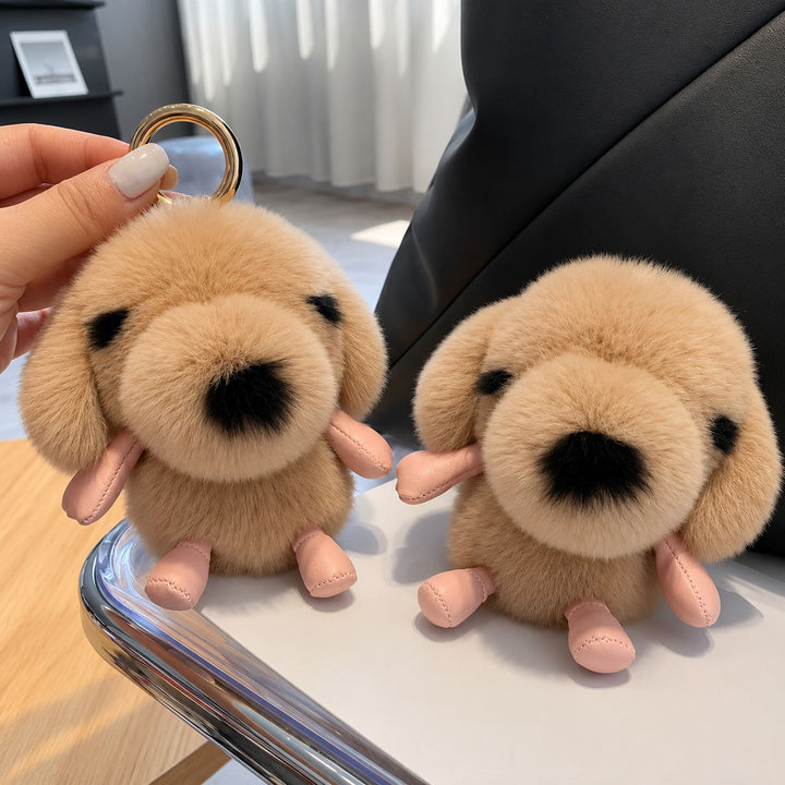 Cute Plush Puppy Fur Keychain Soft Real Rabbit Fur Dog Bag Charm