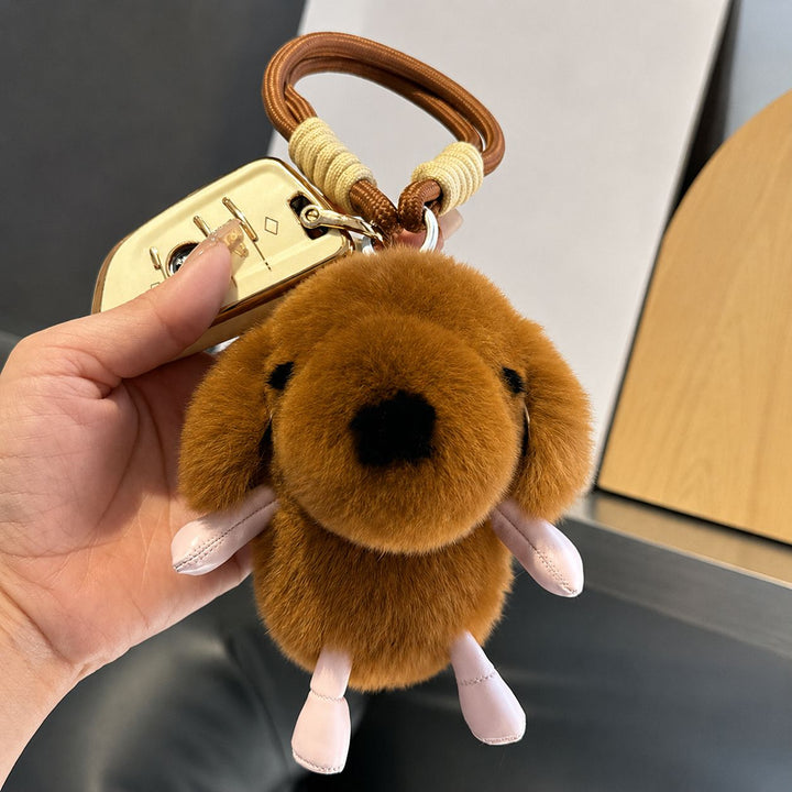 Cute Plush Puppy Fur Keychain Soft Real Rabbit Fur Dog Bag Charm