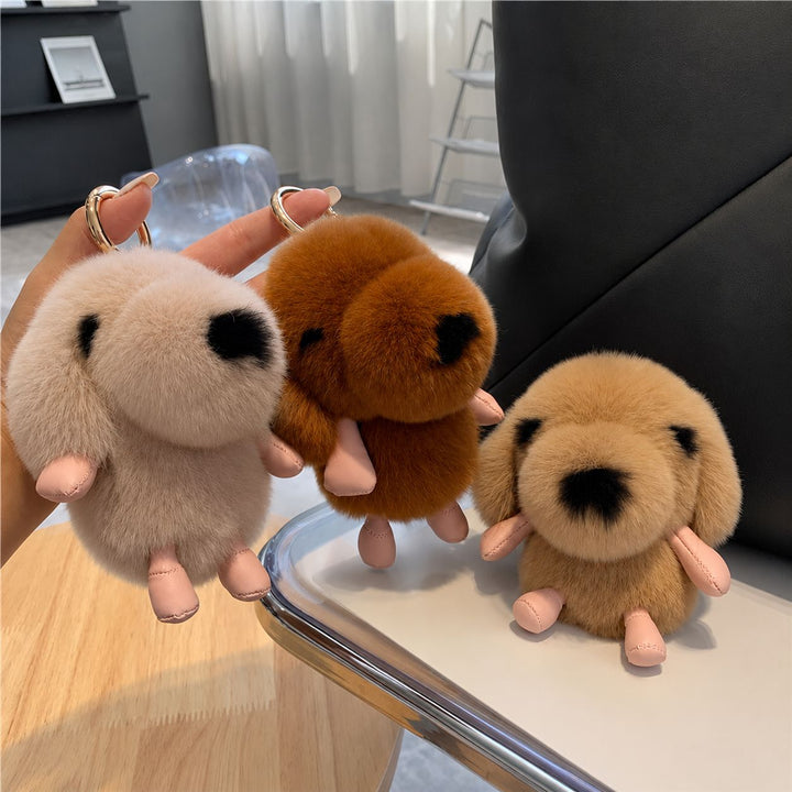 Cute Plush Puppy Fur Keychain Soft Real Rabbit Fur Dog Bag Charm
