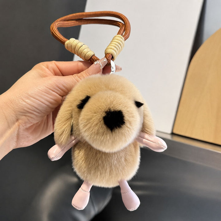 Cute Plush Puppy Fur Keychain Soft Real Rabbit Fur Dog Bag Charm