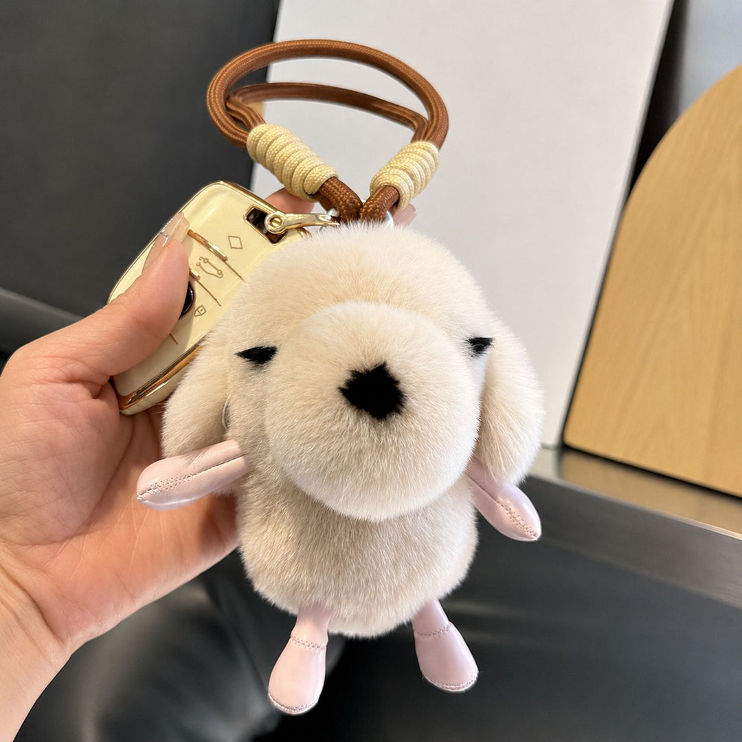 Cute Plush Puppy Fur Keychain Soft Real Rabbit Fur Dog Bag Charm