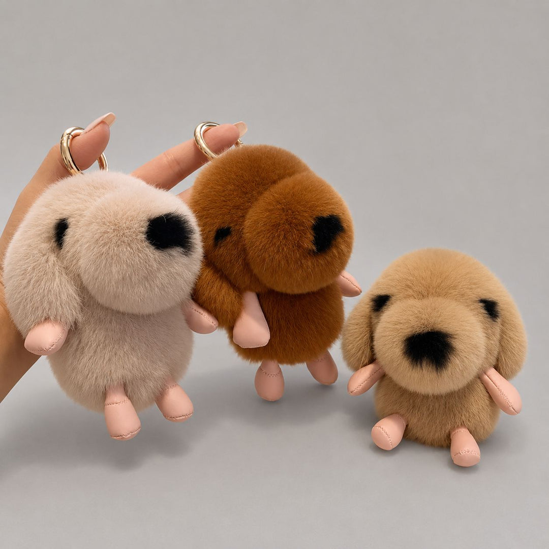 Cute Plush Puppy Fur Keychain Soft Real Rabbit Fur Dog Bag Charm