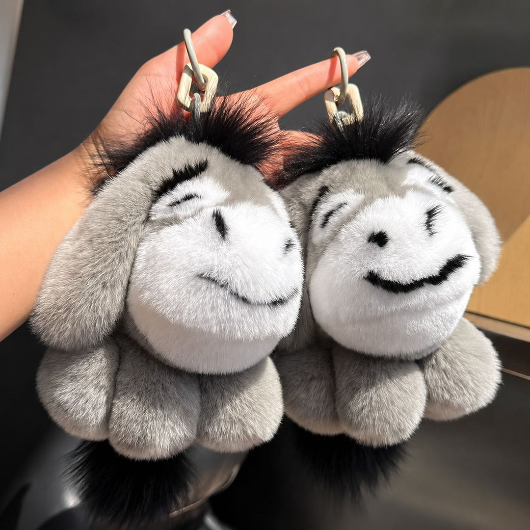 Luxury Real Rex Rabbit Fur Eeyore Keychain Ultra-Soft Plush Donkey Bag Charm Car Key Ring Accessory