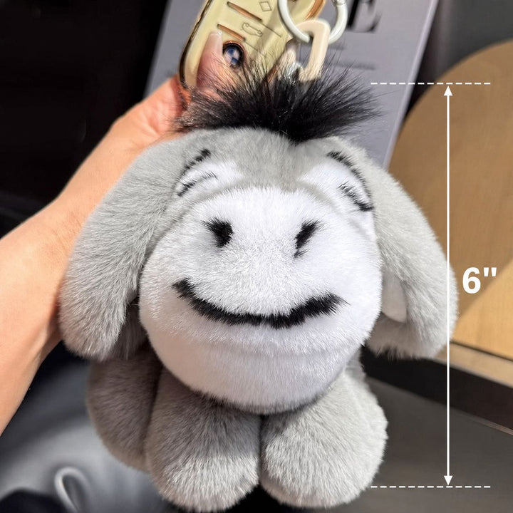 Luxury Real Rex Rabbit Fur Eeyore Keychain Ultra-Soft Plush Donkey Bag Charm Car Key Ring Accessory