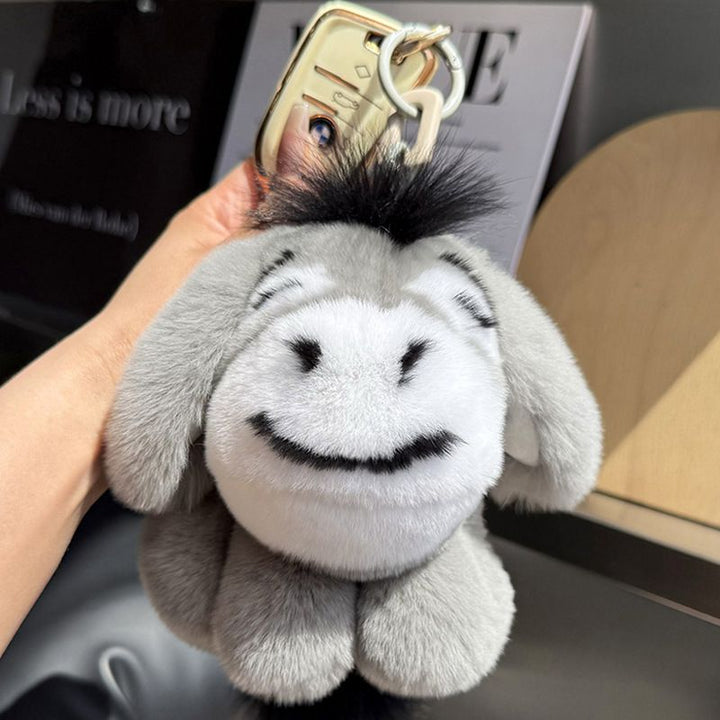 Luxury Real Rex Rabbit Fur Eeyore Keychain Ultra-Soft Plush Donkey Bag Charm Car Key Ring Accessory