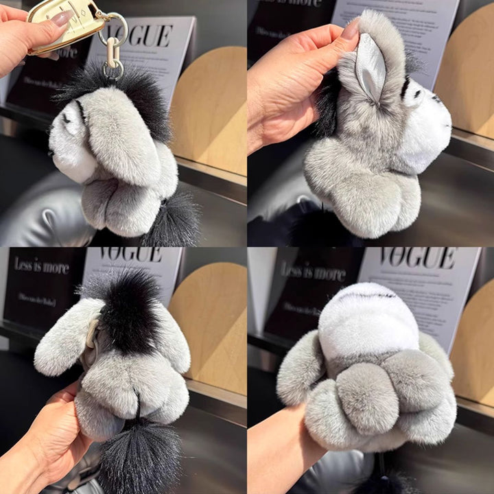 Luxury Real Rex Rabbit Fur Eeyore Keychain Ultra-Soft Plush Donkey Bag Charm Car Key Ring Accessory