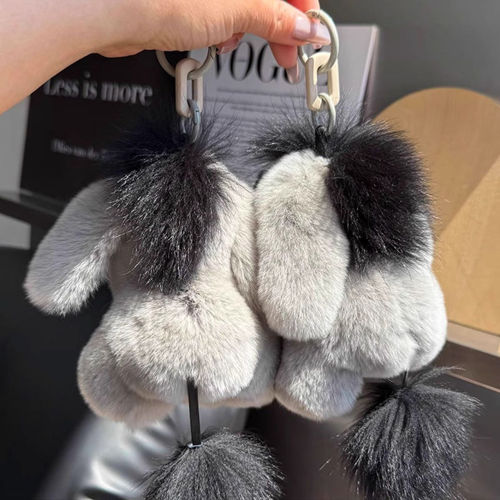 Luxury Real Rex Rabbit Fur Eeyore Keychain Ultra-Soft Plush Donkey Bag Charm Car Key Ring Accessory