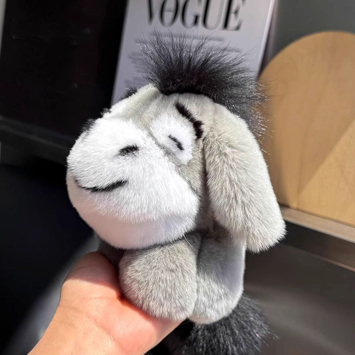 Luxury Real Rex Rabbit Fur Eeyore Keychain Ultra-Soft Plush Donkey Bag Charm Car Key Ring Accessory