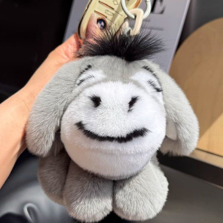 Luxury Real Rex Rabbit Fur Eeyore Keychain Ultra-Soft Plush Donkey Bag Charm Car Key Ring Accessory