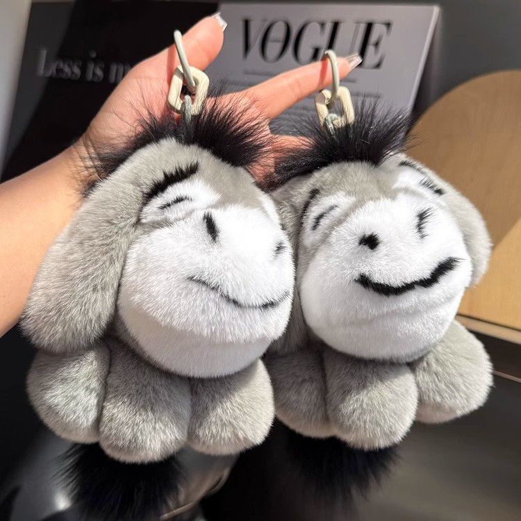 Luxury Real Rex Rabbit Fur Eeyore Keychain Ultra-Soft Plush Donkey Bag Charm Car Key Ring Accessory