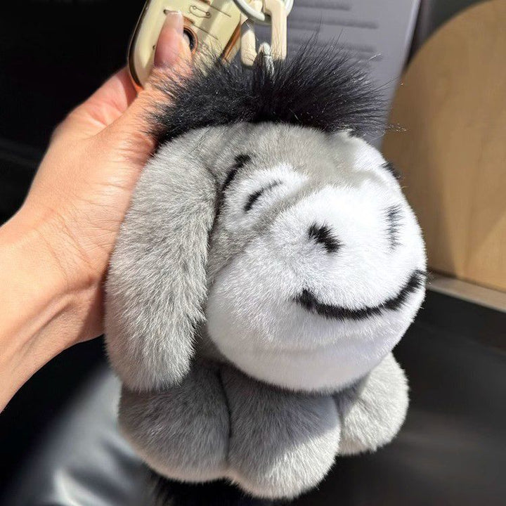 Luxury Real Rex Rabbit Fur Eeyore Keychain Ultra-Soft Plush Donkey Bag Charm Car Key Ring Accessory