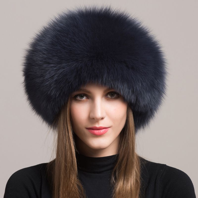Women's Winter Fox Fur Roller Hat Sheepskin Pom Pom Fur Round Hat