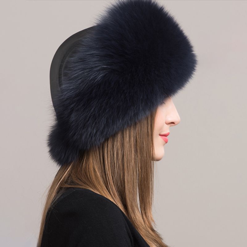 Women's Winter Fox Fur Roller Hat Sheepskin Pom Pom Fur Round Hat
