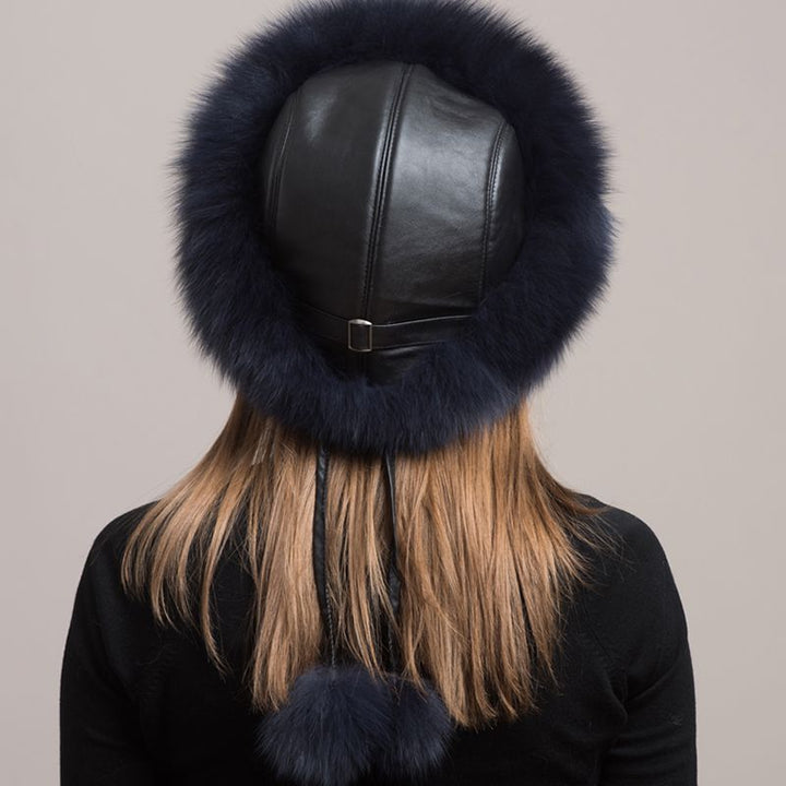 Women's Winter Fox Fur Roller Hat Sheepskin Pom Pom Fur Round Hat