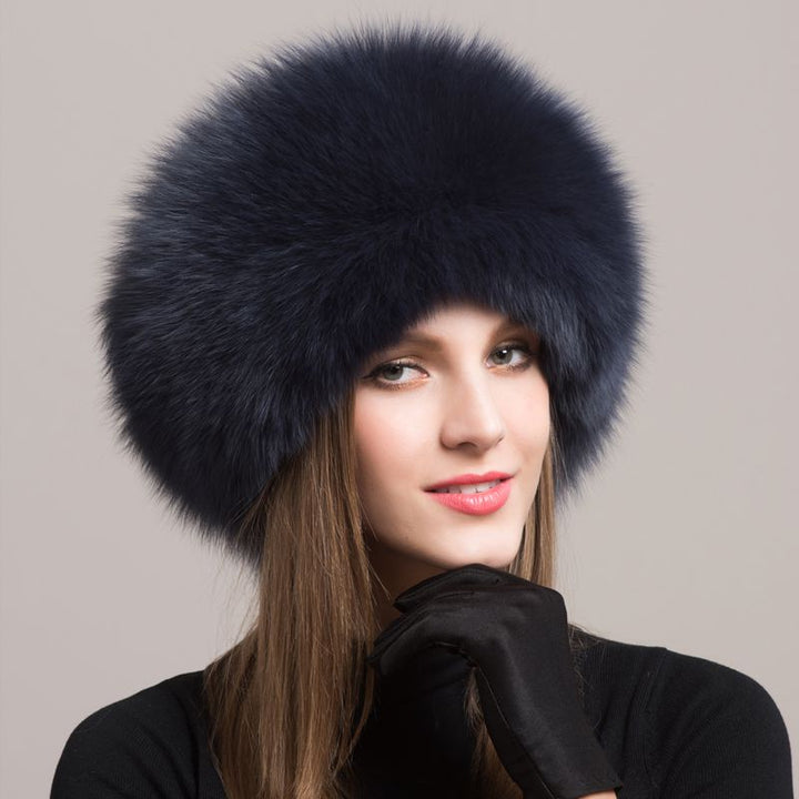 Women's Winter Fox Fur Roller Hat Sheepskin Pom Pom Fur Round Hat