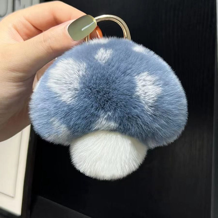 Cute Real Rex Rabbit Fur Mushroom Plush Keychain with White Polka Dots