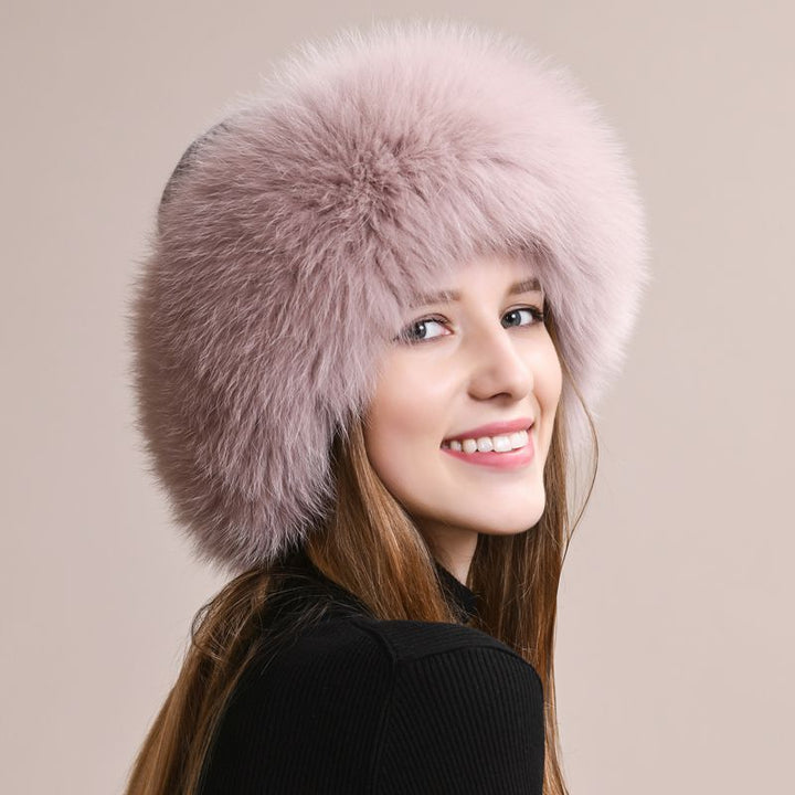 Real Fox Fur Beanie Hat for Women Knit Winter Hat with Full Fur Trim