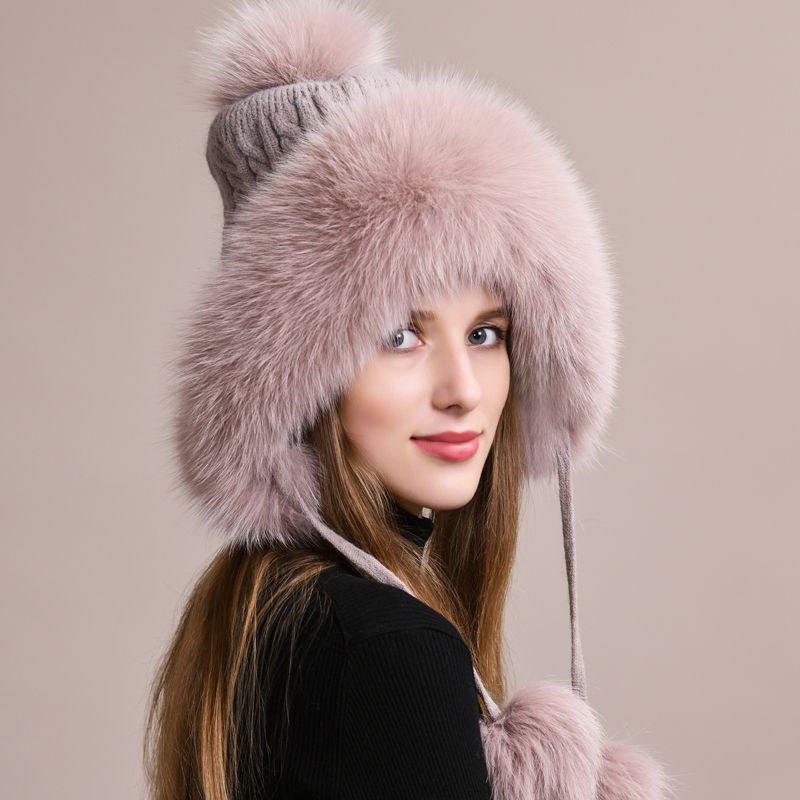 Luxury Real Fox Fur Pom Pom Hat Women Winter Knitted Trapper Hat with Full Fur Trim