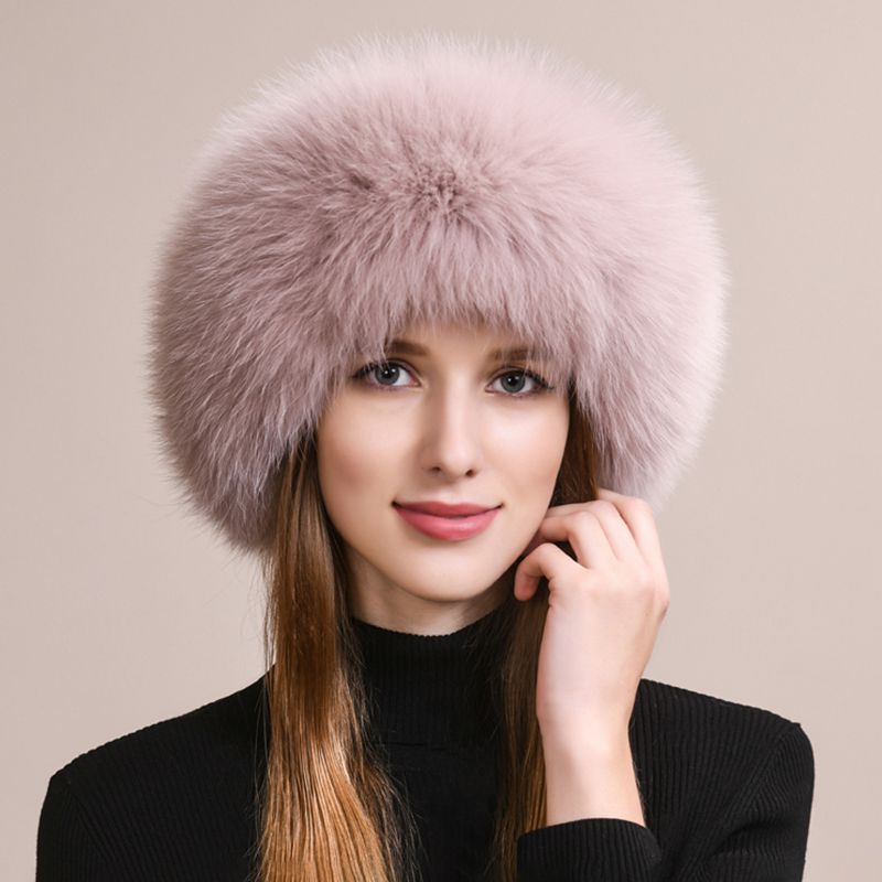 Real Fox Fur Beanie Hat for Women Knit Winter Hat with Full Fur Trim