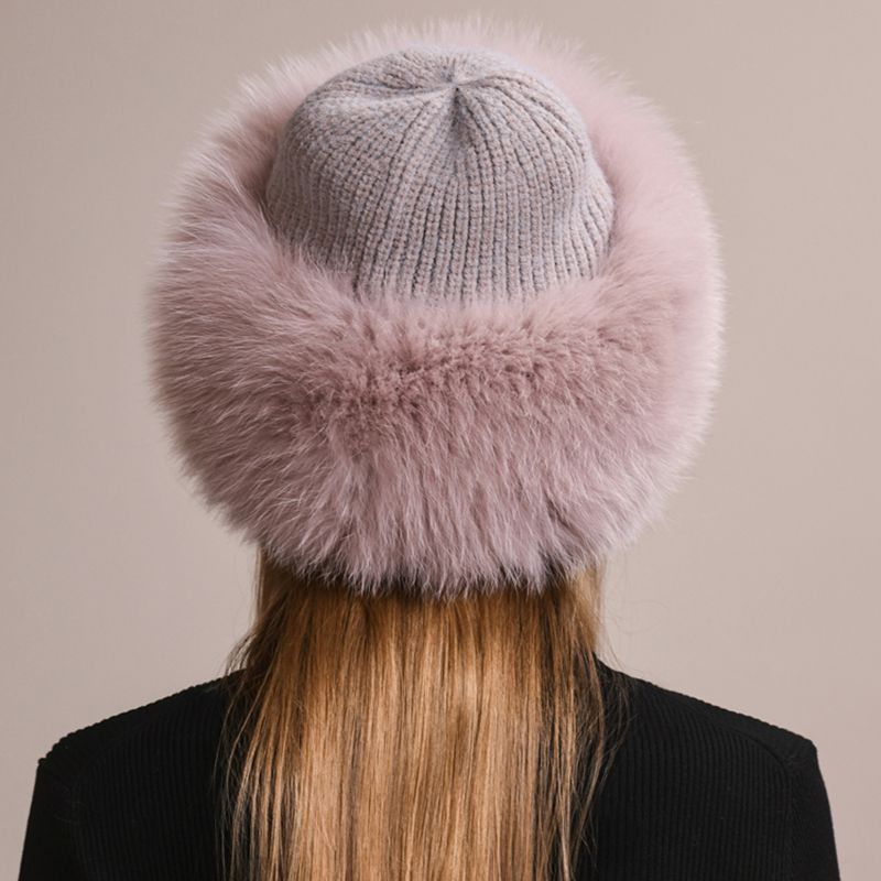 Real Fox Fur Beanie Hat for Women Knit Winter Hat with Full Fur Trim