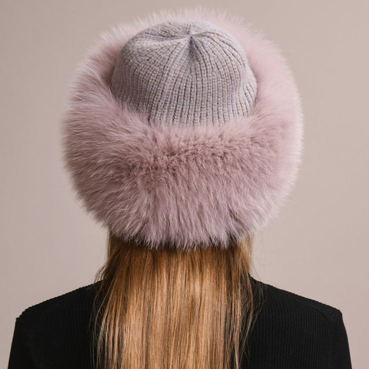 Real Fox Fur Beanie Hat for Women Knit Winter Hat with Full Fur Trim