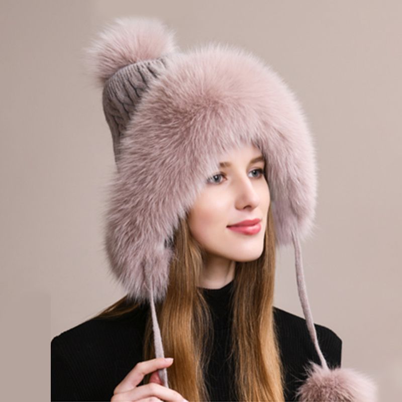 Luxury Real Fox Fur Pom Pom Hat Women Winter Knitted Trapper Hat with Full Fur Trim