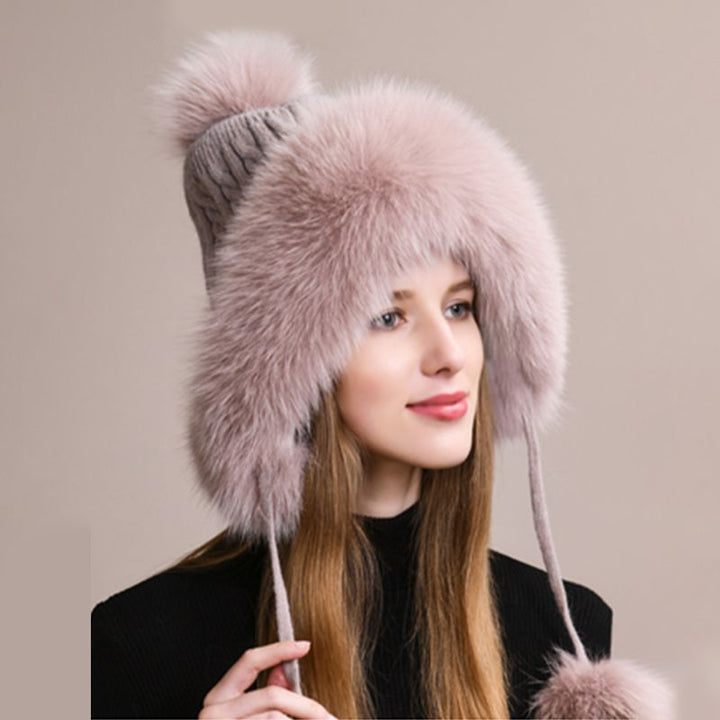 Luxury Real Fox Fur Pom Pom Hat Women Winter Knitted Trapper Hat with Full Fur Trim