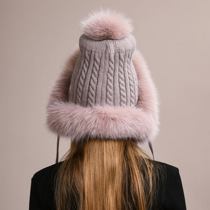 Luxury Real Fox Fur Pom Pom Hat Women Winter Knitted Trapper Hat with Full Fur Trim