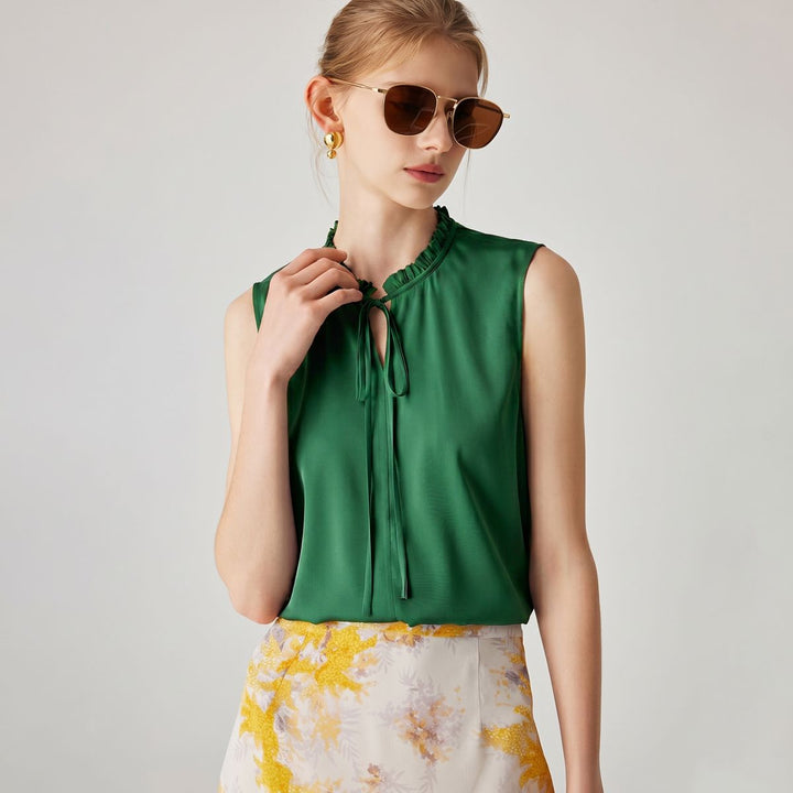 22 Momme Women’s Stand Collar Sleeveless Tie-Neck Silk Shirt