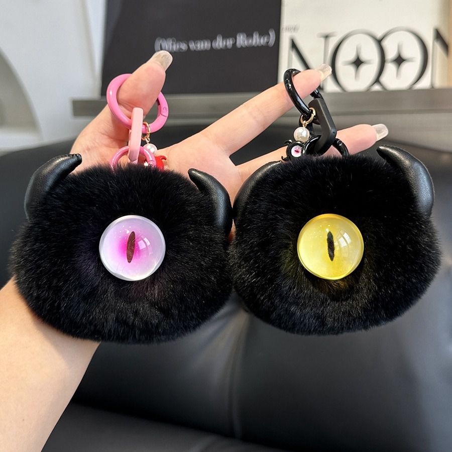 Gothic Evil Eye Monster Real Rabbit Fur Keychain Fluffy Horned Cyclops Pom Pom Bag Charm Key Ring