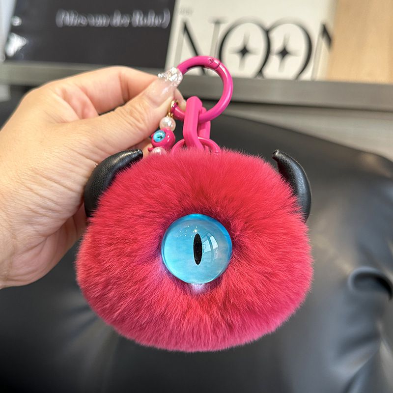 Gothic Evil Eye Monster Real Rabbit Fur Keychain Fluffy Horned Cyclops Pom Pom Bag Charm Key Ring