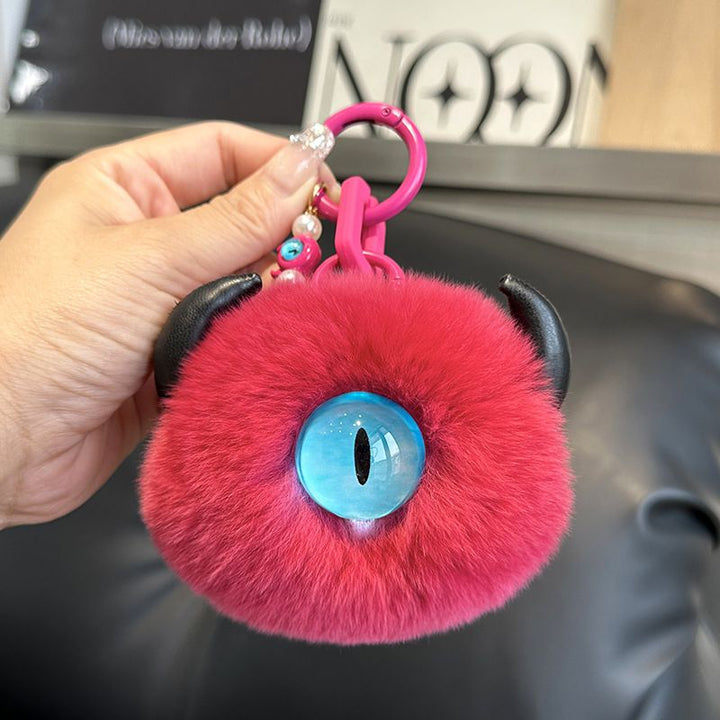 Gothic Evil Eye Monster Real Rabbit Fur Keychain Fluffy Horned Cyclops Pom Pom Bag Charm Key Ring