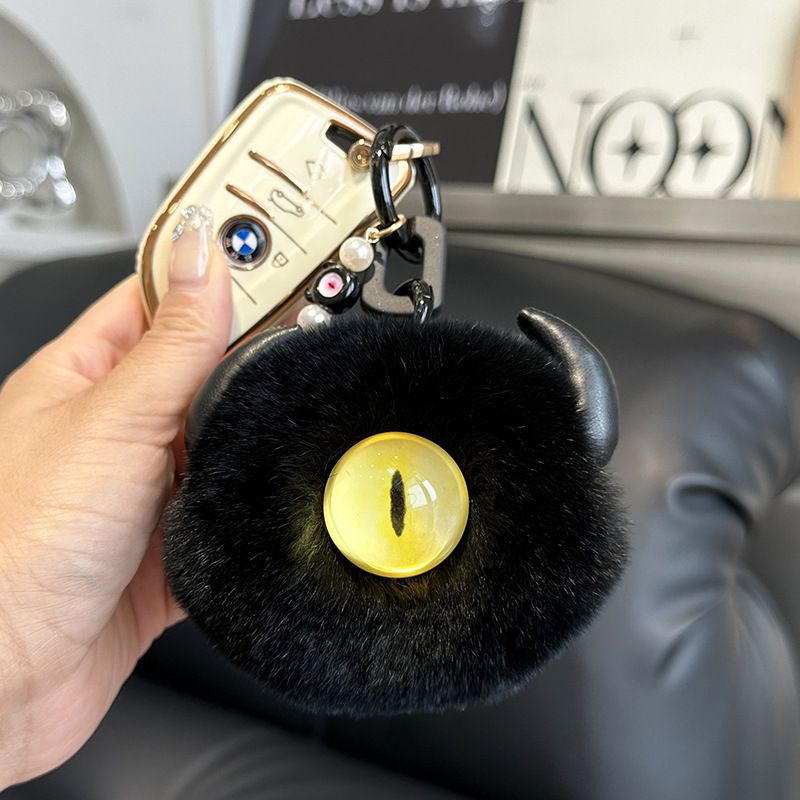 Gothic Evil Eye Monster Real Rabbit Fur Keychain Fluffy Horned Cyclops Pom Pom Bag Charm Key Ring