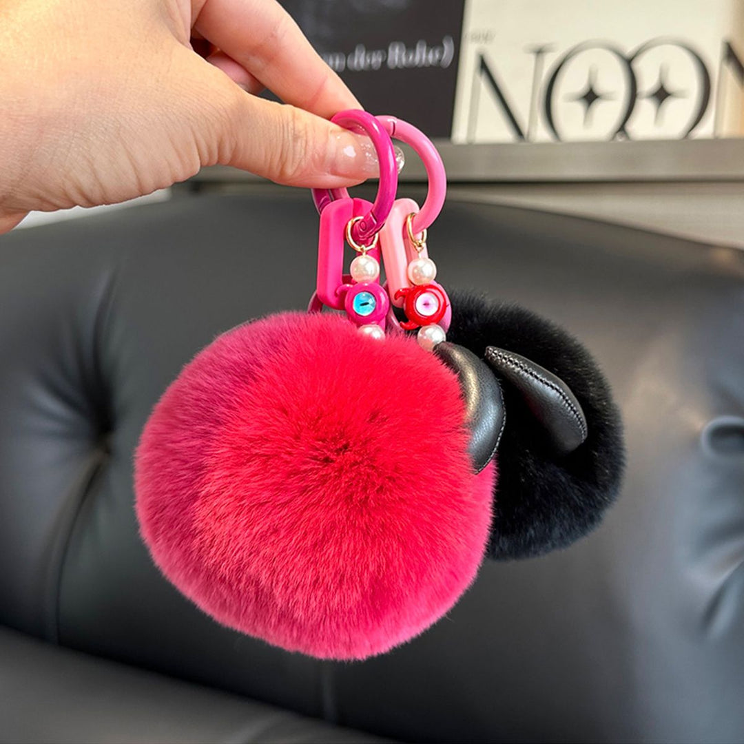 Gothic Evil Eye Monster Real Rabbit Fur Keychain Fluffy Horned Cyclops Pom Pom Bag Charm Key Ring