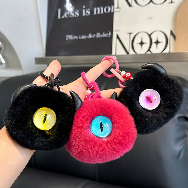 Gothic Evil Eye Monster Real Rabbit Fur Keychain Fluffy Horned Cyclops Pom Pom Bag Charm Key Ring
