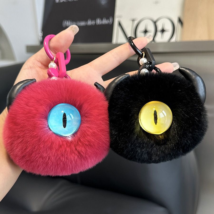 Gothic Evil Eye Monster Real Rabbit Fur Keychain Fluffy Horned Cyclops Pom Pom Bag Charm Key Ring