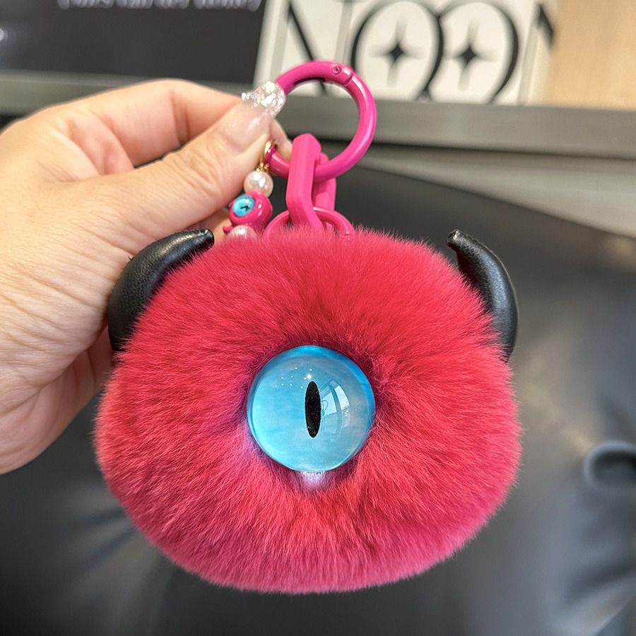 Gothic Evil Eye Monster Real Rabbit Fur Keychain Fluffy Horned Cyclops Pom Pom Bag Charm Key Ring