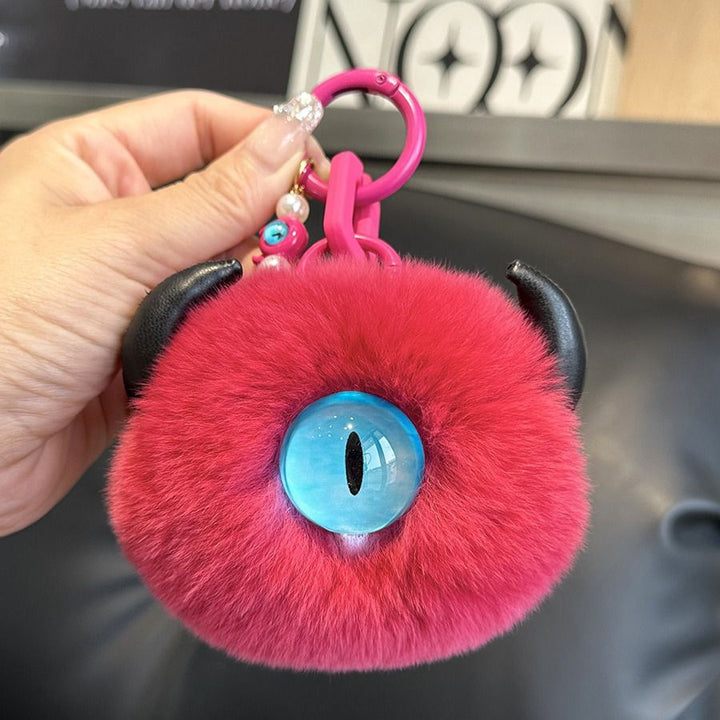 Gothic Evil Eye Monster Real Rabbit Fur Keychain Fluffy Horned Cyclops Pom Pom Bag Charm Key Ring