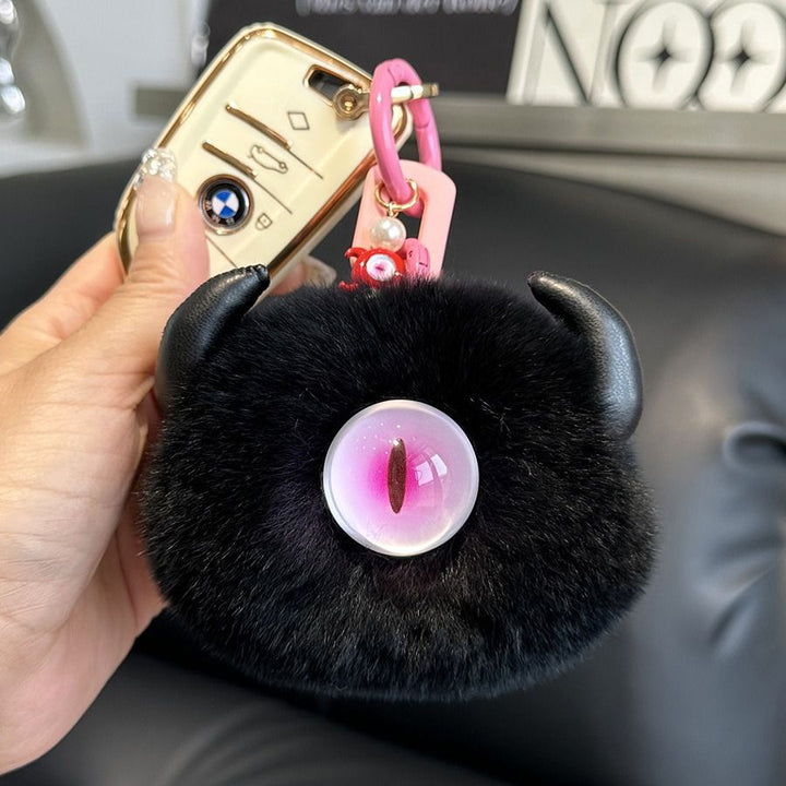 Gothic Evil Eye Monster Real Rabbit Fur Keychain Fluffy Horned Cyclops Pom Pom Bag Charm Key Ring