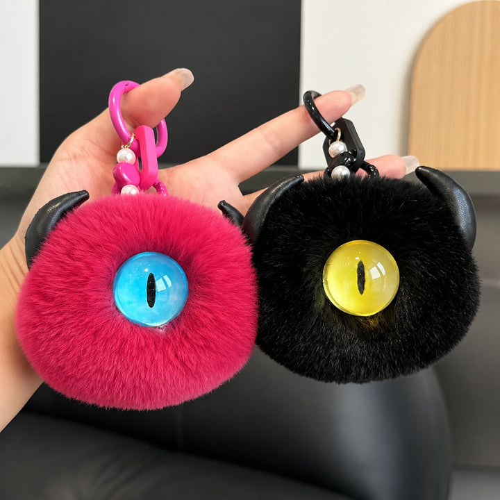 Gothic Evil Eye Monster Real Rabbit Fur Keychain Fluffy Horned Cyclops Pom Pom Bag Charm Key Ring